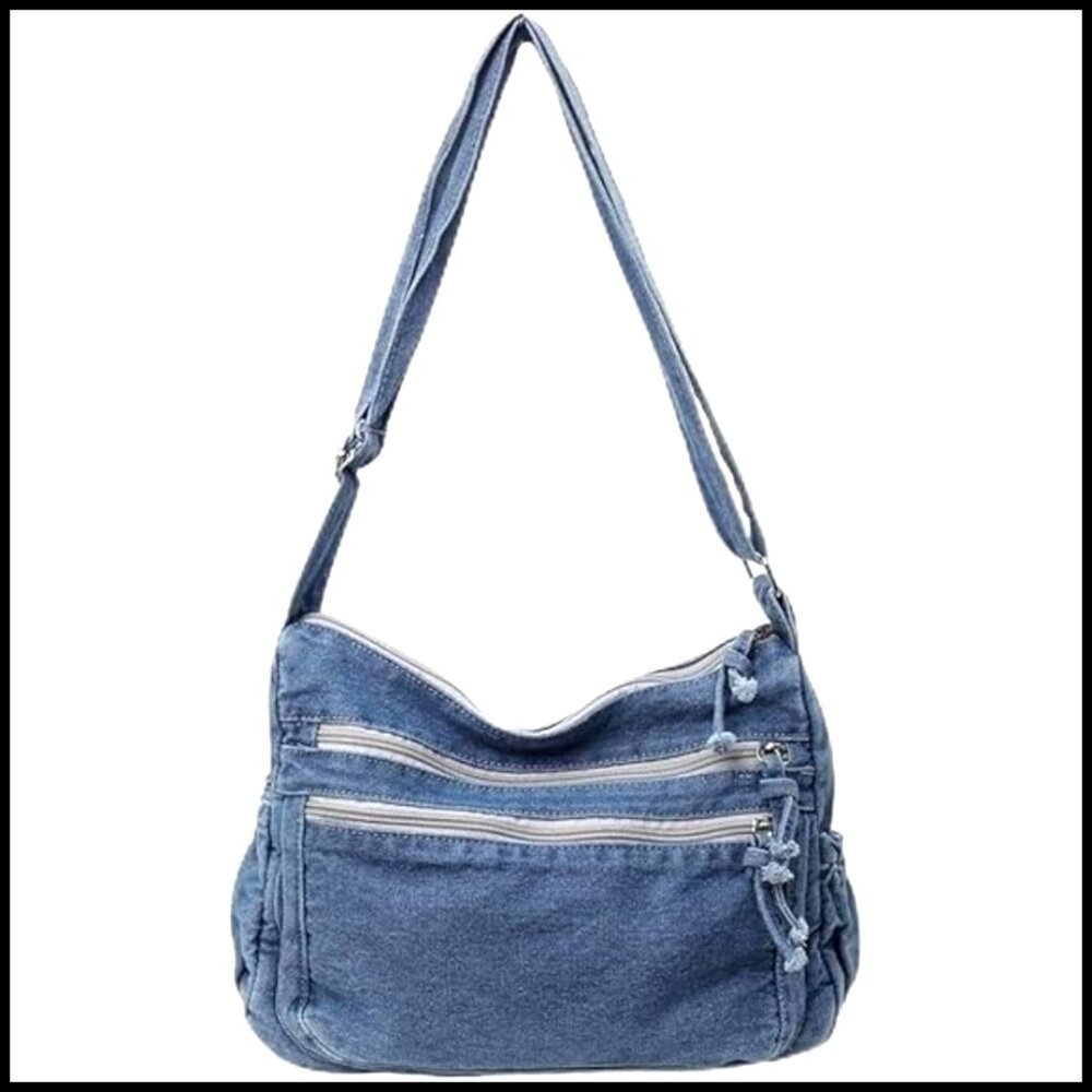 Light Blue Denim Crossbody Bag Casual Tote Shoulder Purse Multi-Pocket Travel